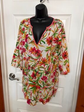 J. Crew White Floral Swim Cover-Up Tunic with Pink & Green Accents